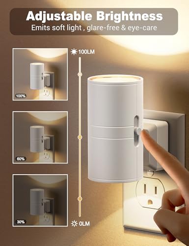 Image of JandCase Night Lights Plug into Wall, Dimmable Night Light Plug in, Modern Night Light Dusk to Dawn Light Sensor, Warm White 3000K, 0-100LM Adjustable Brightness Nightlight for Hallway Bedroom, 2 Pack