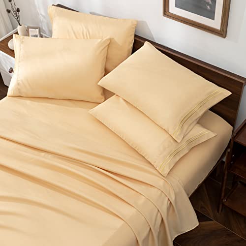 Image of Horbaunal Light Yellow Queen Size Sheet Set - 6 Piece Luxury 1800 Thread Count Bedding Sheets & Pillowcases - 16 Inch Deep Pocket Microfiber Bedding Set - Soft & Wrinkle Bed Sheets