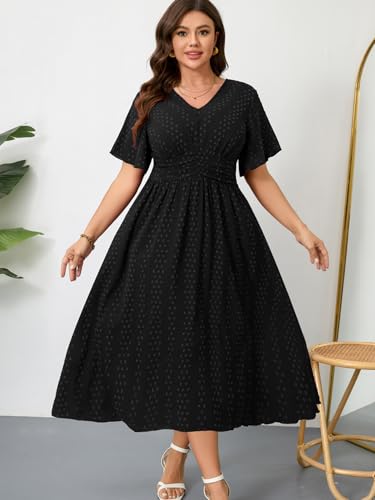 Image of RWJ Women's Plus Size Maxi Dress V Neck Short Sleeve Swiss Dot A Line High Waist Boho Swing Casual Summer Dresses