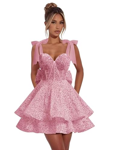 Sparkly Sequin Homecoming Dresses with Bow 2025 A Line Short Corset Formal Cocktail Gown4