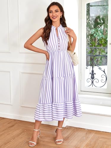 Image of BROVAVE Womens 2026 Summer Sleeveless Shirt Dress Collar Striped V Neck Casual Midi Dresses