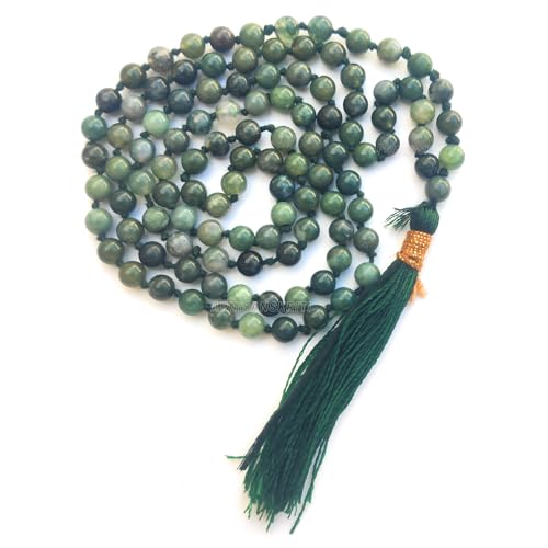 Image of Apnisanskriti Premium Moss Agate Stone Mala for Men and Women (6mm, AAA Quality, Lab Certified, 108+1) - Natural Stone Beads Mala - Green & White Bandings Colour - Pack of 1
