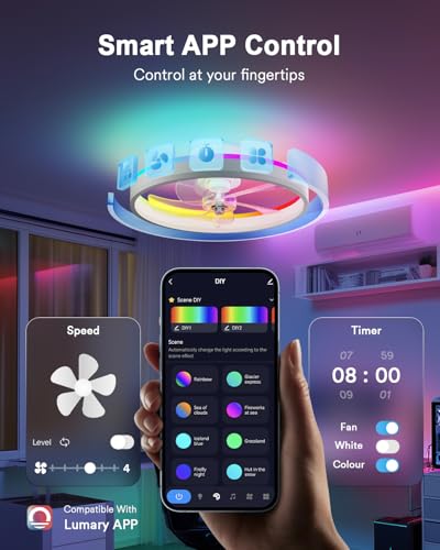 Image of Lumary Smart WiFi Ceiling Fans with Lights, Low Profile Flush Mount White
