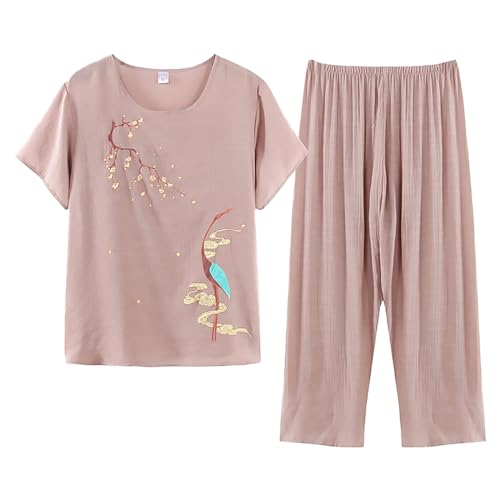 Pyjamas Ensemble 2 Pièces Femme D'été Pyjama Femme T-Shirt À Manches Courtes Et 3/4 Pantacourt Tenue D'intérieur Cotton and Lin Deux Pièces Respirant Doux Grande Taille Sleepwear D'intérieur