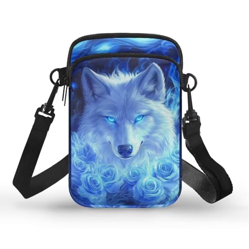 WELLFLYHOM Rose Wolf Purse Cell Phone Bag for Women Men Small Crossbody Bags Flame Graphic Messenger Pouch Wallet Bags Sling Shoulder Handbag Zipper Corss Body Pocket Credit Card Holder