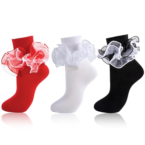 Women Big Ruffle Socks Adult 4-Layer Lace Frilly Ankle Socks Fold Cuff Cotton Ruffled Dress Crew Bobby Fancy Sock