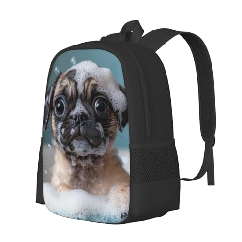 Compact Unisex 17 Inch Backpack Pug Puppy Bath Bubbles Streamlined Design for Urban Mobility Quick Trips & Daily Tasks2