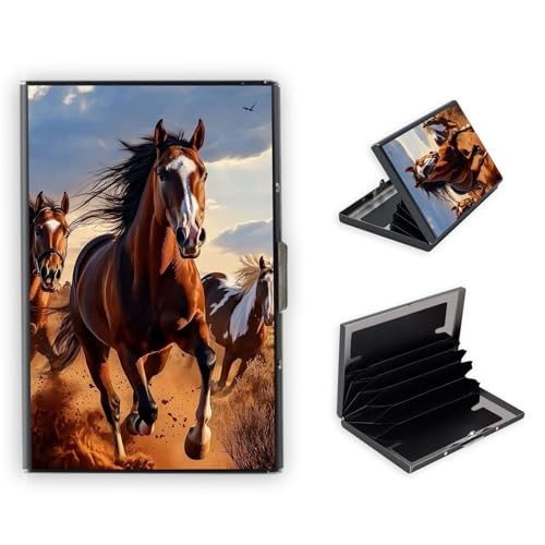 Credit Card Holder Wallet for Women - Ultra-Slim Metal Card Wallet with RFID Blocking | Mini 6-Slot Card Case Wallet, Three Brown Horses, Secure & Stylish Metal Credit Card Holder