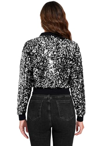 Anna-Kaci Women's Sparkly Sequin Cropped Jacket Long Sleeve Zipper Up Party Club Bomber Jacket4