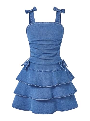 WDIRARA Girls Layered Ruffle Denim Dress Bow Ruched Sleeveless A Line Jean Dresses Medium Wash 11Y