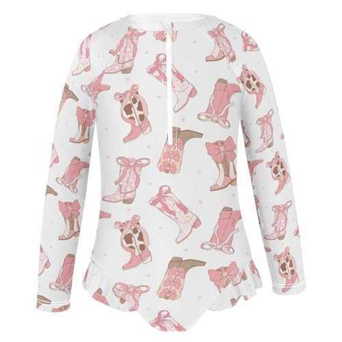 Image of Western Cowgirl Boot Baby Girl Bathing Suit Long Sleeve UPF 50+ One Piece Toddler Swimsuit Size 3t