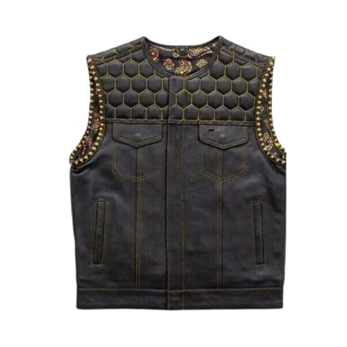 Men's Smart Biker Vest for Men Premium Cowhide Black Leather Motorcycle Vest with Unique Scoop Collar Design &Gold Liner3