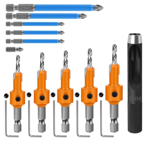 Image of Serplex 11Pcs Woodworking Countersink Drill Bit Set, 5 Size Carbon Steel Bits, 6 Extra Pilot Bits, 8mm Shank, Versatile Drilling in Wood, Plastic- DIY Tool Kit