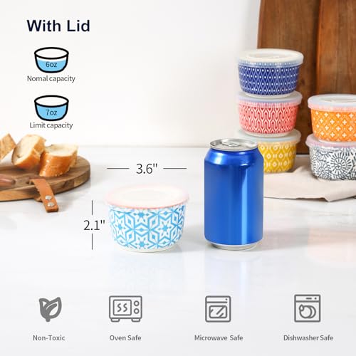 Selamica 6 oz Ramekins with Lids Oven Safe, Creme Brulee Ramekins Souffle Dishes with Covers, Pudding Custard Cups Stackable Ceramic Mini Ramekin Bowls Set for Baking, Dipping, Set of 6, Assorted Colors - Image 6