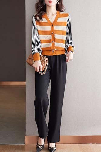 LAI MENG FIVE CATS Women's V-Neck Striped Cardigan Sweaters Long Sleeve Button Down Fashion Casual Tops4