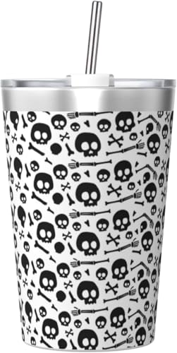 魔法瓶 ドクロ柄 髑髏柄 タンブラー 350ml ステンレス製 水筒蓋とストロー付き 真空断熱漏れない 持ち運び 直飲み 子供 通勤 通学 かわいい おしゃれ プレゼント