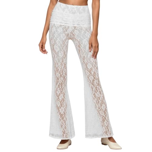 Pantalon femme taille haute coupe ample et droite avec dentelle chic pour soirée