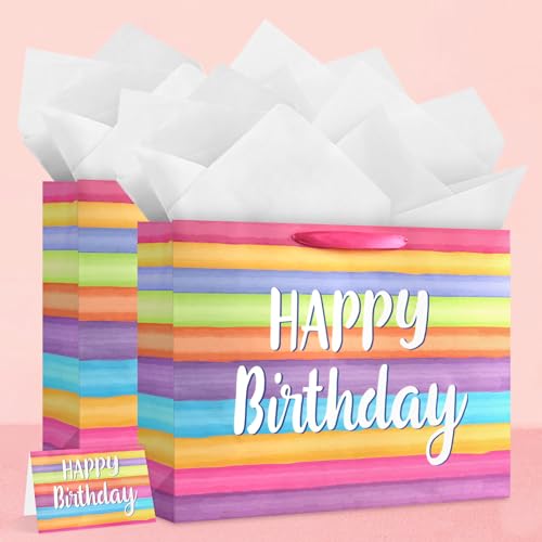 Image of JMANNI Colorful Large Happy Birthday Gift Bag with Tissue Papers and Greeting Card, Portable Paper Gift Bags with Handles, Present Bags for Women Girls Birthday Party Supplies 13 inch x 10.2 inch x 4.7 inch