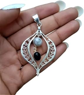 White Howlite & Black Onyx Pendant, 925 Sterling Silver Plated, Oval & Round Stone Pendant, Boho Pendant, Two Stone Pendant, White & Black Stone Pendant, Statement Pendant Necklace, Charm Pendant, Unisex Gift Pendant, Gemstone Pendant Necklace, Handmade Pendant, Hippie Pendant, Christmas Gifts