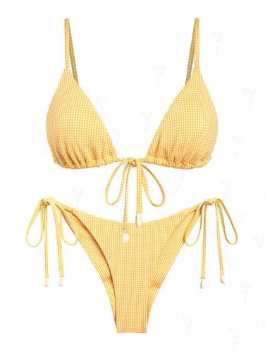 seamoly Contrast Color Red Gingham Spliced High Leg Cheeky Bikini Set