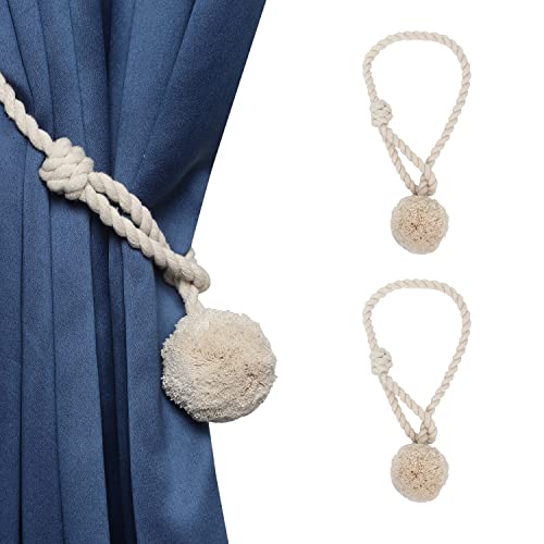Image of Curtain Ball Rope Tiebacks Tie-Backs, Rope Ties, Curtain Handmade Holdbacks, Cotton Curtain Tieback (Natural -2pc)