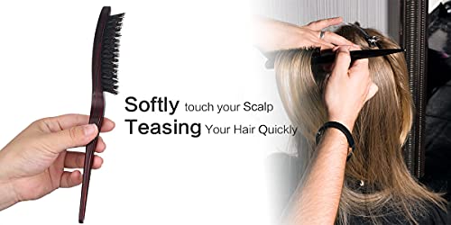 100% Pure Boar Bristle Teasing Hair Brush With Wooden Handle, 3 Row Slim Backcombing Brush, 8.8 Inch #TOP4