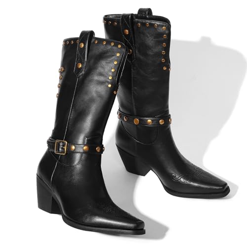 Womens Cowboy Cowgirl Boots Wide Mid Calf Square Toe Riding Boots Block Chunky Heel Low Heel Distressed Studded Boots2