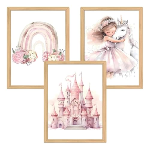 Affiche Chambre Filles, 3 Pcs 30x40cm Poster Mural de Licorne Princesse Arc-en-ciel et le Château, Rose Tableau Toile Poster Affiche Decoration Murale,...