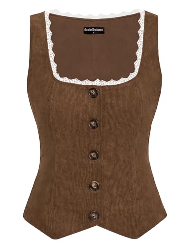 Damen Renaissance Korsett Vintage Quadratischer Hals mit Spitze Country Weste Kaffee L