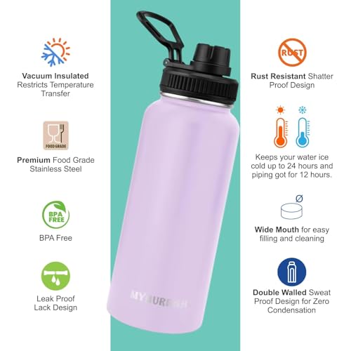 Image of Thermos Water Bottle- 1000ml with Screw /Spout Lid, Stainless Steel Double-Wall Vacuum Insulated Thermo Flask 1 Litre+ Retains Hot 12 Hours or Cold 24 Hours Temperatures (Lightpurple)