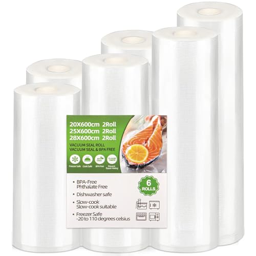 NXPZ Bolsas de Vacío para Alimentos, 6 Rollos en Tamaños 20cm, 25cm, 28cm Ancho x 600cm Largo, Compatibles con Todas las Envasadoras al Vacío, Bolsas Selladoras de Conservación sin BPA