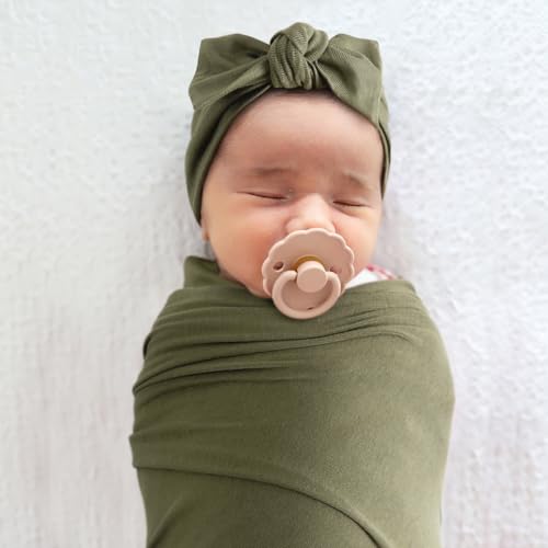 Image of GRSSDER Newborn Swaddle Blanket, Ultra Soft Jersey Receiving Blanket with Matching Headband and Beanie Set 33x44 inch, Stretchy Baby Neutral Swaddle Wrap for Girls and Boys