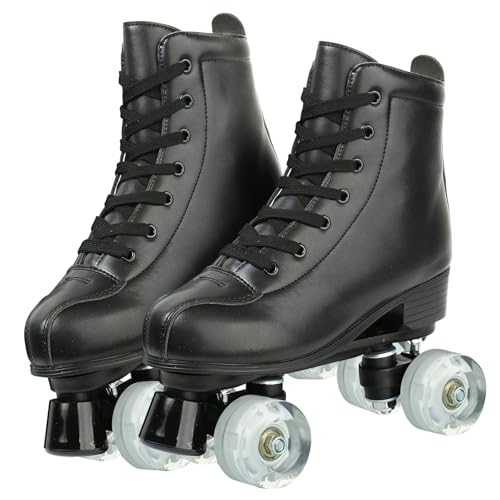 Womens Roller Skates PU Leather High-Top Roller Skates Classic Double-Row Wheels Shiny Indoor Outdoor Beginner Quad Skate for Teens Adult Unisex (Flash Wheel,38)