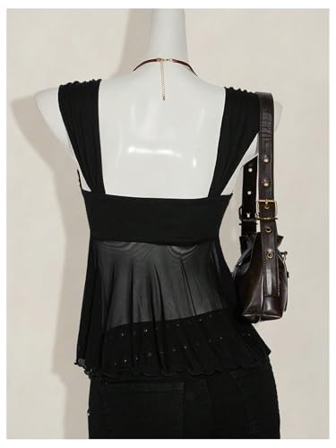 Milumia Women's Asymmetrical Flowy Tank Top Y2k Tie Front Sweetheart Neck Sheer Mesh Tops Rave3