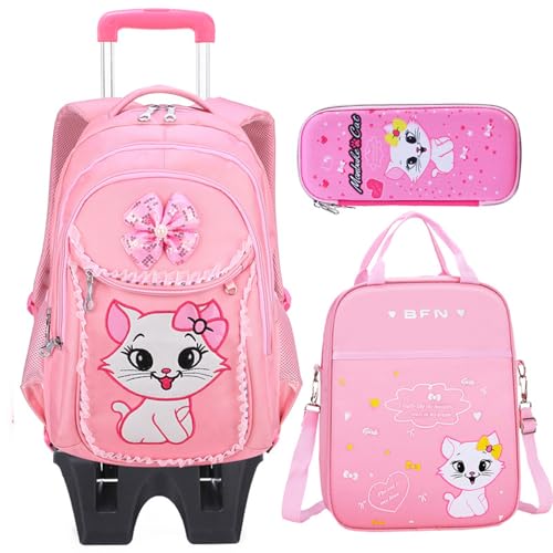 Mochila con Ruedas Niña,Mochilas Escolares,con para Lápices y Bolsa para el Almuerzo,Compartimento Principal y Bolsillo Frontal,Trolley Desmontable,para Niñas de 7 a 12 años,para la Escuela,Viajes