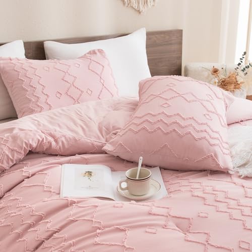 Image of Andency Pink Tufted Comforter Set Queen(90x90Inch), 3 Pieces(1 Boho Comforter, 2 Pillowcases) Textured Farmhouse, Soft Down Alternative Geometric Bedding Set