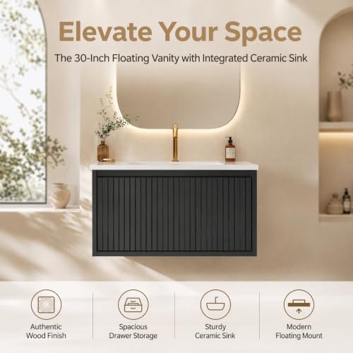 Image of 30 Inch Floating Bathroom Vanity with Ceramic Sink, Modern Striped Wall Mount Vanity Cabinet with Compartmentalized Storage Drawer, Black