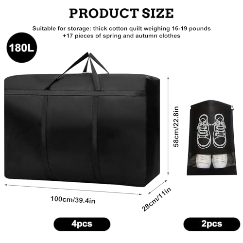 4 Stk 180L Extra Große Aufbewahrungstasche, 600D Oxford Heavy-Duty Umzugstaschen mit Reißverschlüssen Handgriff Reisetasche Faltbar Klamotten Aufbewahrung für Bettdecken Kleidung Bettwäsch-100×58×28CM