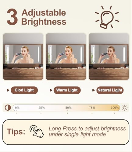 Image of KungFuWood Wood Vanity Desk with Mirror and Lights, Dressing Vanity Table Vanity Set 4 Drawers, 40 Inch Large Make Up Vanity Table Wooden with 3 Lighting Modes Log Color (with Adapter)
