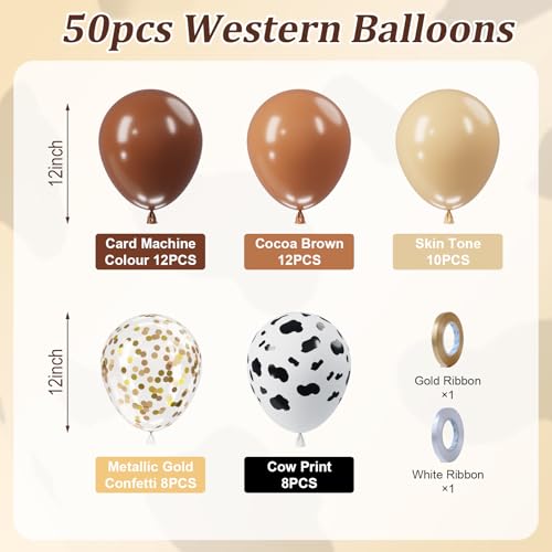 Image of Brown Western Balloons - 52pcs 12 Inch Coffee Light Brown Tan Nude Gold Confetti Cow Print Latex Balloons for Boy Cowboy Western Decor Birthday Farm Country Baby Shower Party Decorations