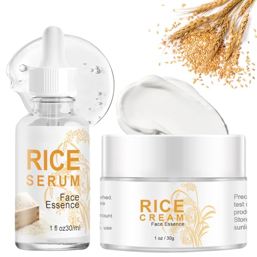 Rice Cream Moisturizer & Rice Face Serum Set – Korean Skin Care Moisturizer Duo with Glycerin, Niacinamide & Hyaluronic Acid – Anti Aging Face Cream for Glass Skin, Firming & Even Skin Tone (2Pcs)