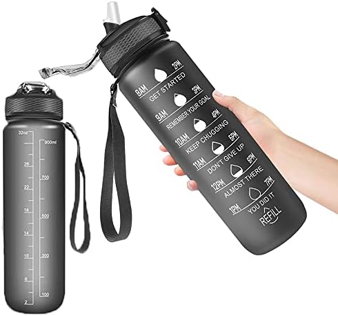 Sports Water Bottle 1L, Motivational Water Bottle with Straw & Time Maker, BPA Free, Leakproof & Secure Locking Lid, Tritan Plastic Drink Bottle for School/Cycling/Running/Gym (Black)