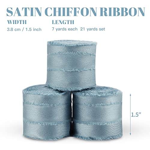 Dusty Blue Chiffon Ribbon For Gift Wrapping - Keypan Silk Satin Ribbons For Crafts 1 1/2" X 21 Yd Soft Handmade Fringe Frayed Edged Baby Shower Bridal Bouquets Wedding Invitation Decor #TOP1