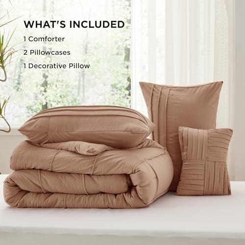Image of Bedsure Queen Comforter Set - 4 Pieces Pinch Pleat Bed Set, Taupe Boho Bedding for All Season, 1 Soft Comforter, 2 Pillowcases, 1 Decorative Pillow