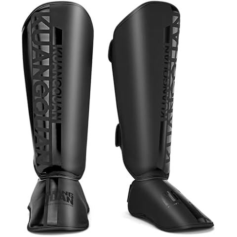 KUANG QUAN Muay Thai Shin Guards for Men,Women,Lightweight,Martial Arts Kicking Leg Instep Protection Pads Sparring Gear,for Kickboxing MMA Training,Professional Equipment (Black/Black, Large) Cover
