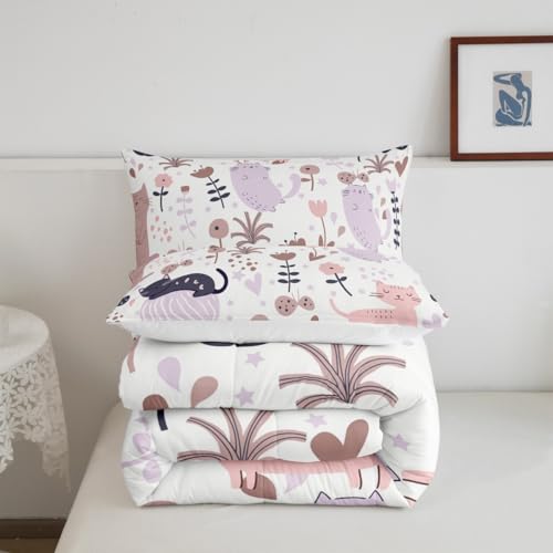 Image of Feelyou Cartoon Comforter Twin Size, Cute Kitten Print Comforter Set for Kids Toddler Kawaii Cats and Flowers Comforter Set Animal Themed Duvet Set Durable Quilt Set