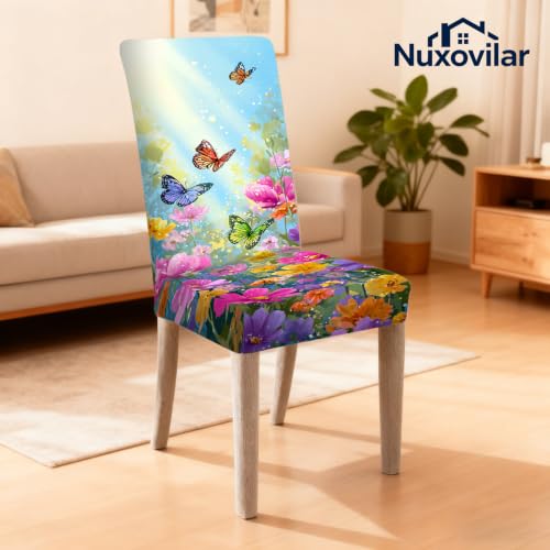 Image of Nuxovilar 6PCS Floral Butterfly Print Milk Silk Seat Covers | Stretch Slipcover Floral Protector Butterfly Wrap Seat Guard Dining Room Spring Gathering Kitchen (Spring Flower)
