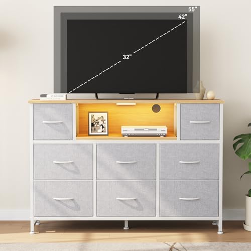 Image of DUMOS TV Stand Dresser with 8 Fabric Drawers and Open Shelves, LED Entertainment Center with Charging Station, Wood Top Media Console for 45-55 inch, Bedroom, Light Grey