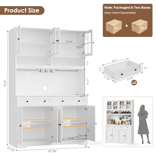 Image of HOSTACK 75.4 inch Tall Kitchen Pantry Cabinet with Charging Station, Modern White Kitchen Hutch with Microwave Stand and Wine Racks, Large Food Pantry Storage Cabinet with Glass Doors and Drawers, White