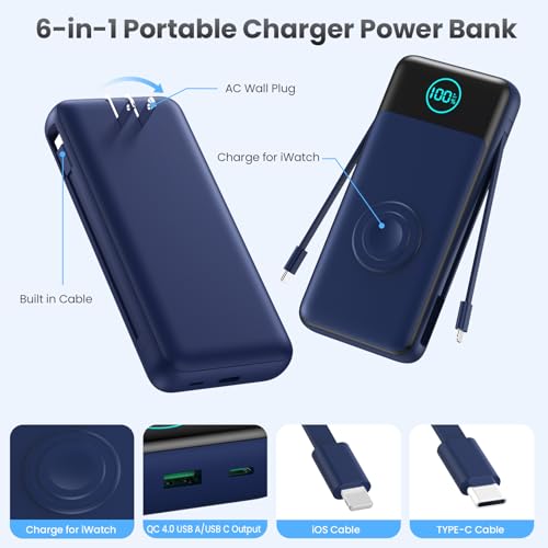Image of Portable Charger for iPhone with Built-in Cables and AC Wall Plug,26800mah Fast Charging USB C Power Bank,25W PD Travel Essential Battery Pack for iPhone 17 /16 /15 /14 /13,Galaxy,Apple Watch (Blue)